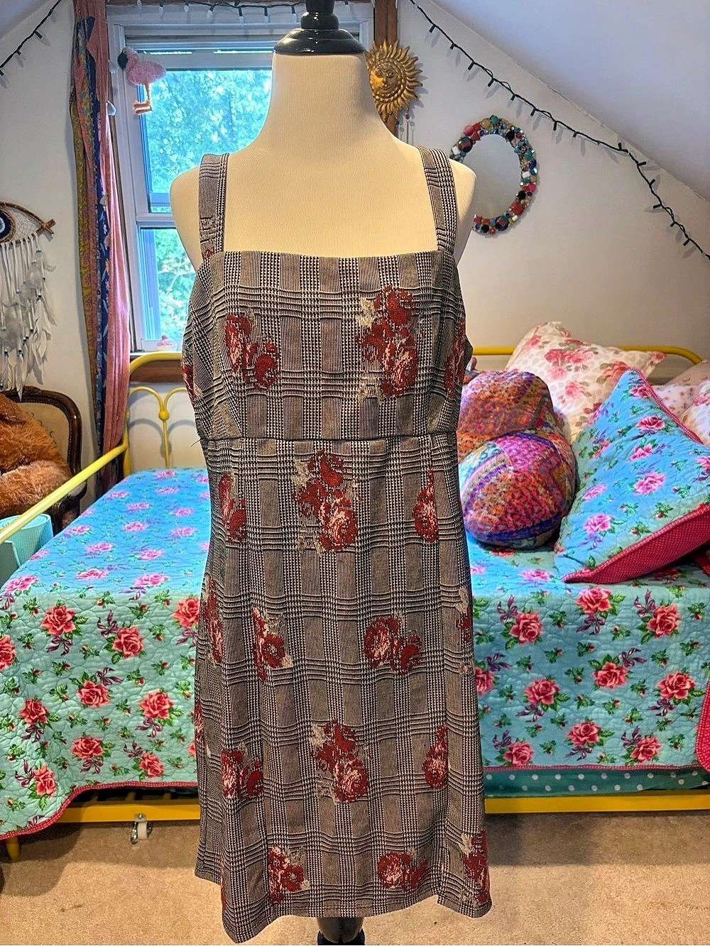 Francesca's Plaid Floral Mini Dress in Gray & Red Size XL NWT
